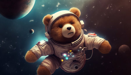 Cute teddy bear in astronaut suit against the space background.の素材