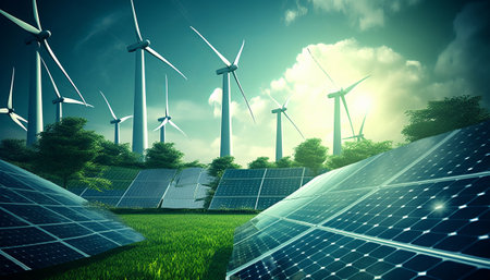 Solar panels and wind turbines against green field under blue sky with cloudsの素材