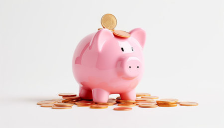 Piggy bank with coins isolated on white background, saving conceptの素材