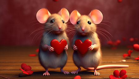 Two cute rats holding red hearts on wooden background. 3D renderingの素材