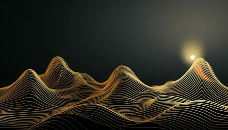 3d render, abstract wavy background, golden lines, sound waveの素材