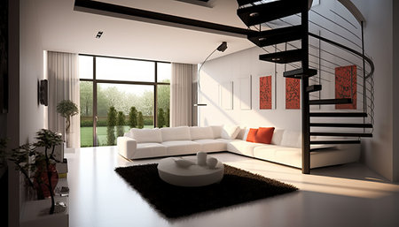 3d rendering of a modern living room with a view of the gardenの素材