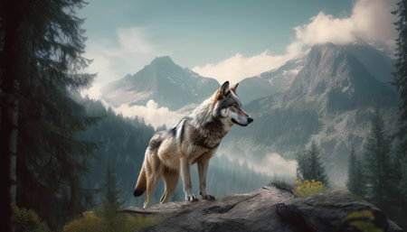 3D rendering of a wolf in a mountain landscape with fog.の素材