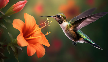 Hummingbird and orange flower in garden. Hummingbird with orange flower.の素材