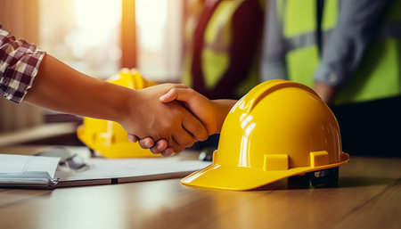 Close-up of engineer and architect shaking hands in construction site.の素材