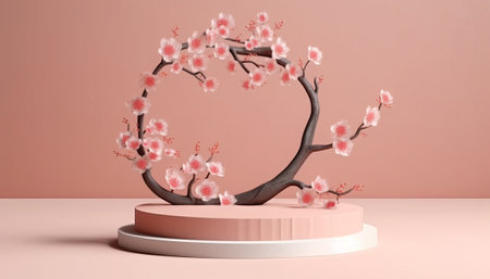 3d render of cherry blossom tree with heart shape on podiumの素材