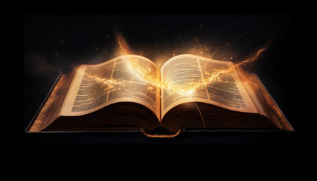 Open book with glowing lightning on a black background. 3d renderingの素材