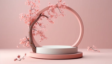 3d render, abstract minimal display podium with cherry blossom background.の素材