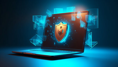 Laptop with antivirus shield icon on screen, 3d renderingの素材