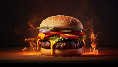 Big tasty hamburger on wooden table with burning flames on dark backgroundの素材