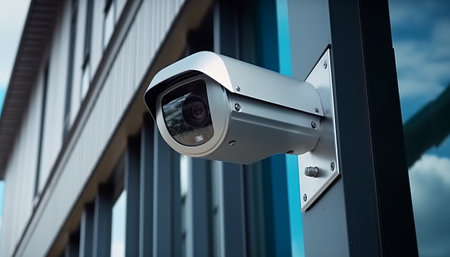 CCTV security camera or surveillance system on building exterior, close upの素材
