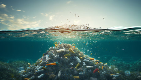 Plastic waste floating in the ocean. Environmental pollution concept. 3D Renderingの素材