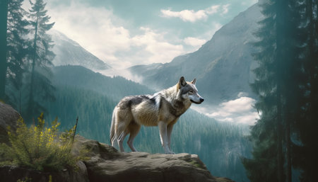 Grey wolf on a rock in the mountains. Beautiful nature background.の素材