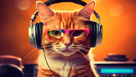 Cute ginger cat in headphones listening to music on colorful background.の素材