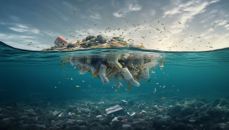 Plastic waste floating on the surface of the ocean. 3d renderingの素材