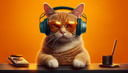Funny cat in headphones listening to music with a retro phone on orange backgroundの素材