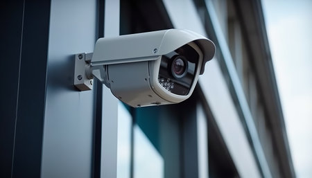 CCTV security camera or surveillance system on office building. Security conceptの素材