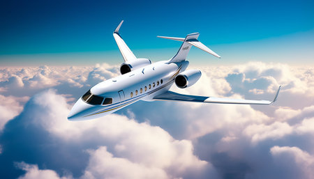Commercial airplane flying high in the blue sky. 3d rendering.の素材