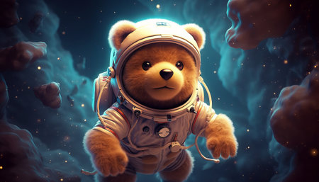 Cute teddy bear astronaut in outer space. 3D renderingの素材
