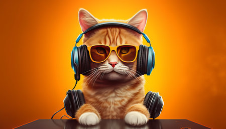 Red cat listening to music with headphones on orange background with copy space.の素材