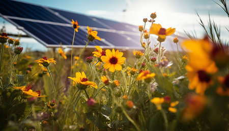 Solar panels and flowers in the field. Alternative energy source. Ecological concept.の素材
