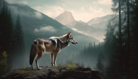 3d rendering of wolf in the mountains. Digital art painting.の素材