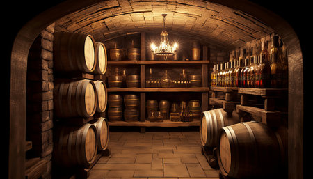 Wine barrels in the cellar of a winery. 3D renderingの素材