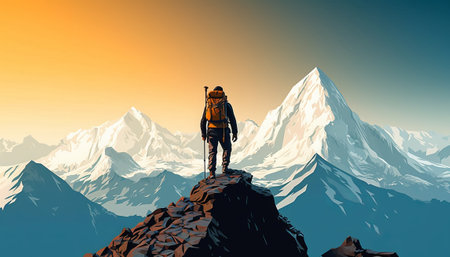 Hiker on the top of a mountain. 3D illustration.の素材
