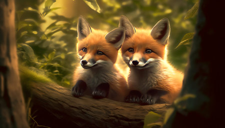Two foxes in the forest. 3D rendering. Computer digital drawing.の素材