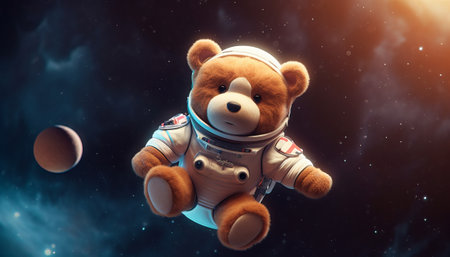 teddy bear in astronaut suit and space background. 3d renderingの素材