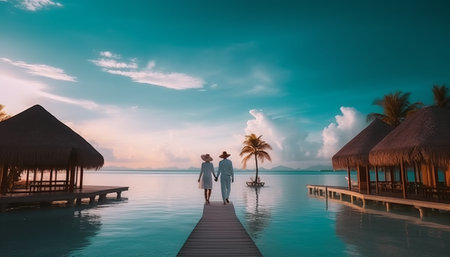 Couple on a tropical beach jetty at Maldives at sunsetの素材