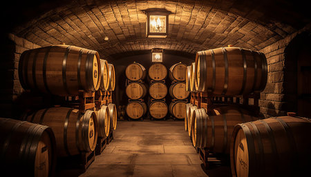 Wine barrels in the cellar of a winery in Italy.の素材