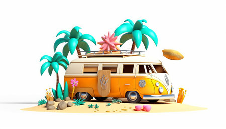 3d rendering of a camper van on the beach with palm treesの素材
