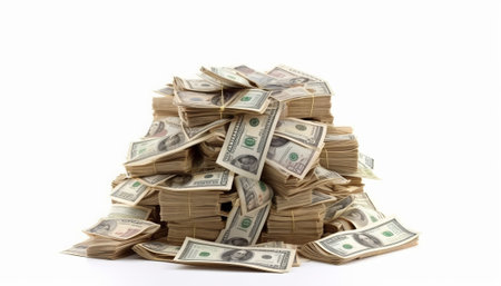 Pile of dollars isolated on a white background. Studio shot.の素材