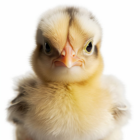 Cute chick isolated on white background. Close-up. Studio shot.の素材