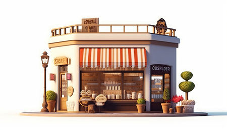 3D render of a coffee shop exterior isolated on white background.の素材