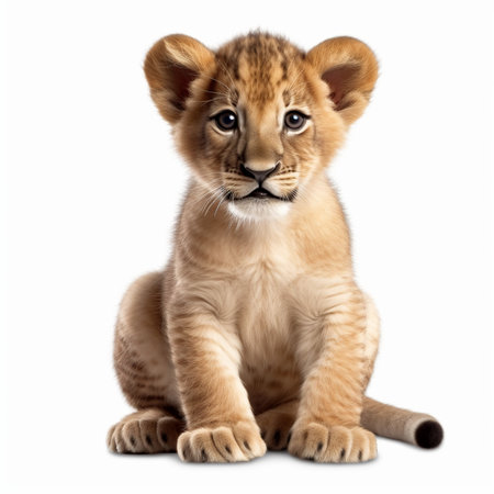 Lion cub sits on a white background. Isolated image.の素材