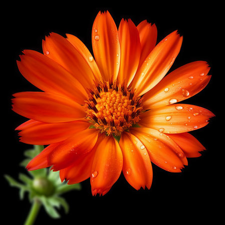 Orange calendula flower with water drops isolated on black background.の素材