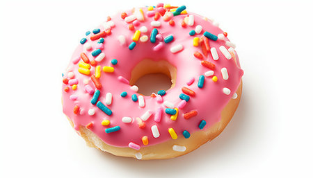 Pink donut with sprinkles isolated on white background. Top view.の素材