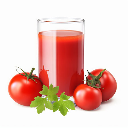 Glass of tomato juice with fresh tomatoes and parsley isolated on white backgroundの素材