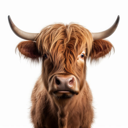 Portrait of a Scottish Highland Cow, isolated on a white backgroundの素材