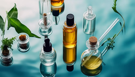 Glass bottles with essential oil and herbs on a blue background. Alternative medicine concept.の素材