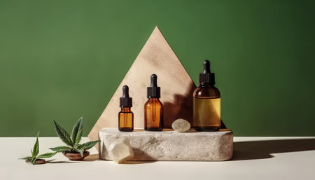 Cannabis essential oil in glass bottles on stone podium on green background. Natural cosmetic products.の素材