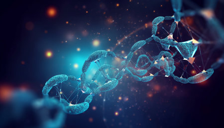 3D rendering of a DNA molecule isolated on a dark blue backgroundの素材