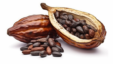 Cocoa beans and cocoa pod isolated on a white background.の素材