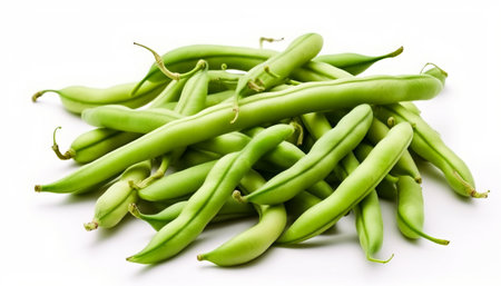 Green beans on a white background. Close-up. Studio photography.の素材