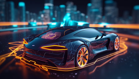 3D rendering of a concept car with neon lights on the backgroundの素材