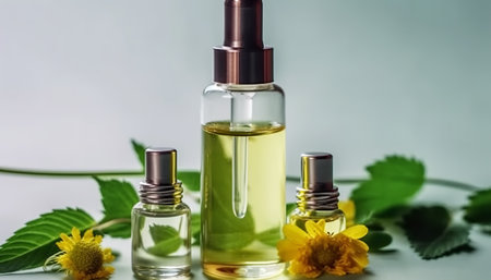 bottle of essential oil with green leaves and flowers on grey backgroundの素材