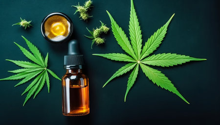 Cannabis oil in a glass bottle with cannabis leaves on black backgroundの素材