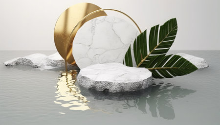3d render of white marble podium and tropical leaves on gray backgroundの素材